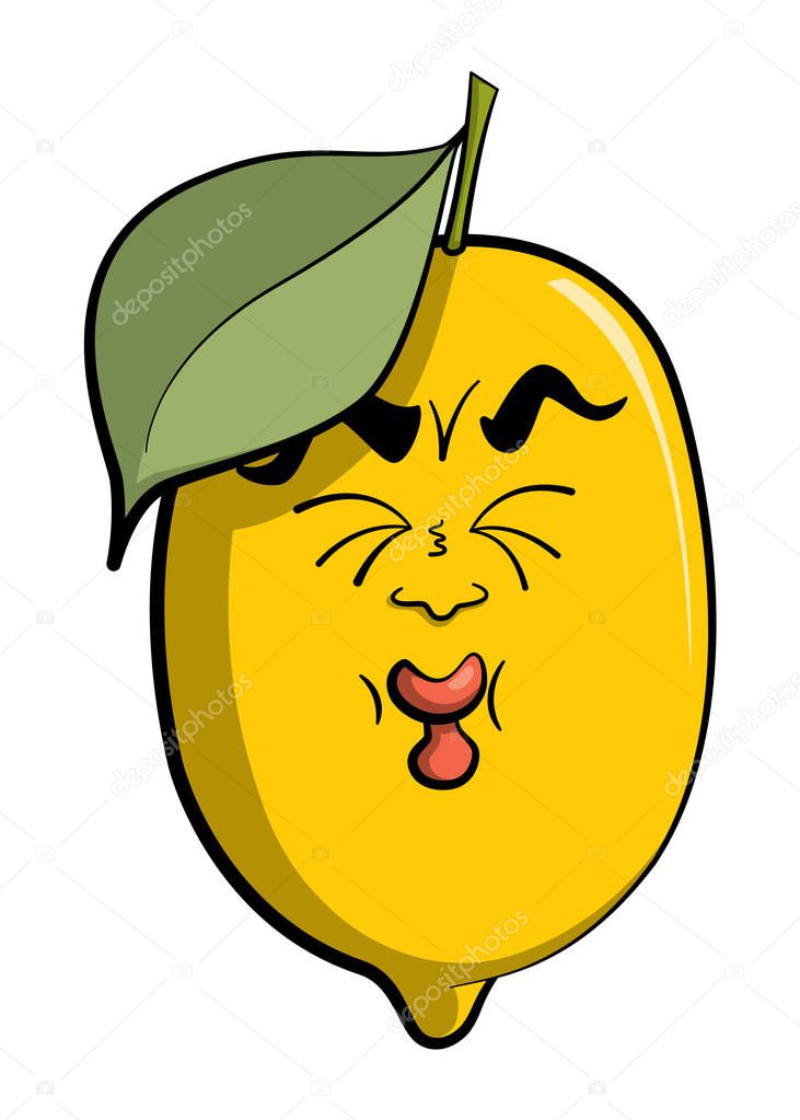 Cartoon illustration of a yellow, sour lemon with a sour facial expression.
