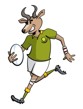 Cartoon style illustration of a springbok rugby player character running with a rugby ball in one hand while smiling. vector