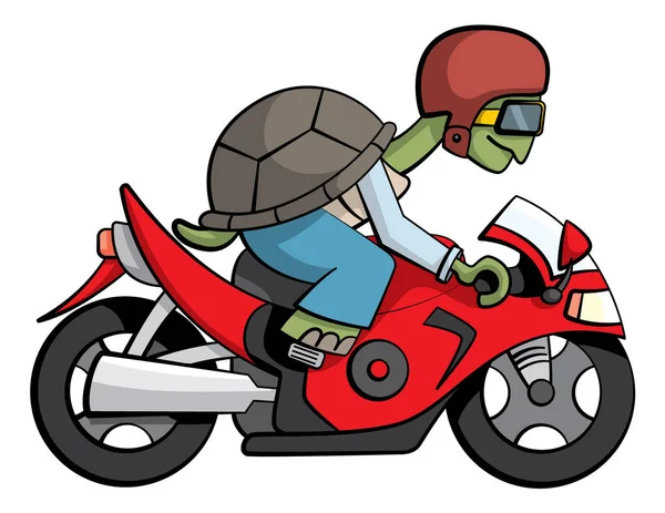 Hızlı ve güçlü kırmızı motosiklet sürme bir kaplumbağa karakteri Karikatür tarzı illüstrasyon.