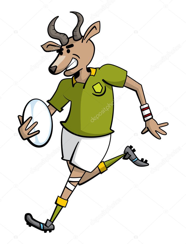 Cartoon style illustration of a springbok rugby player character running with a rugby ball in one hand while smiling.