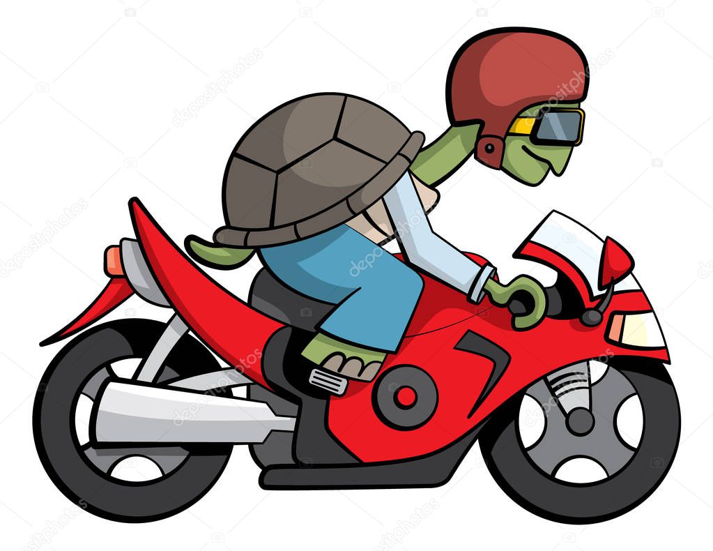 Cartoon style illustration of a turtle character riding a fast and powerful red motorbike.