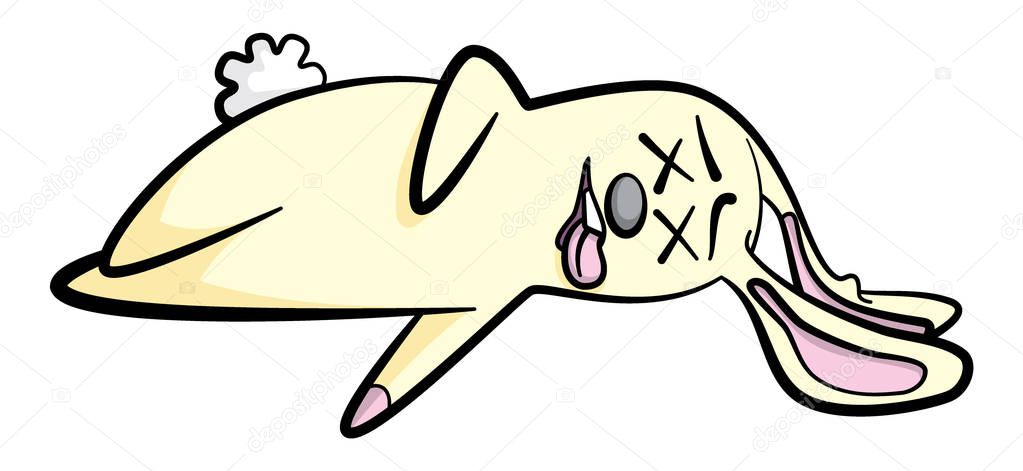 Cartoon style illustration of a cute and fluffy but dead bunny rabbit lying on its side with its tongue sticking out.