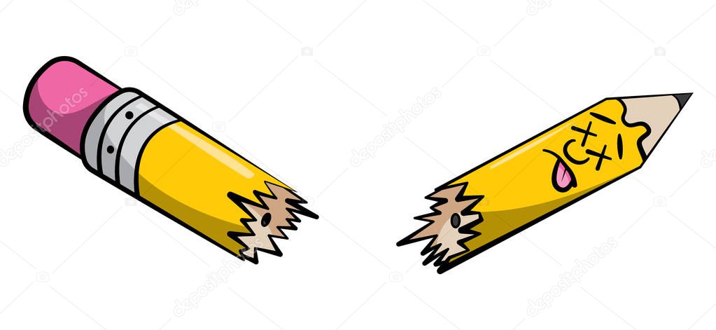 Cartoon style illustration of a dead character broken pencil. Cross eyes with tongue sticking out.