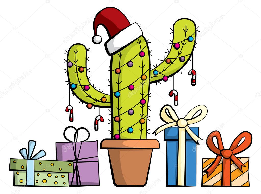 Cartoon style illustration of a cactus in a pot decorated like a Christmas tree with a Santa hat on top. Presents and gifts are standing underneath.
