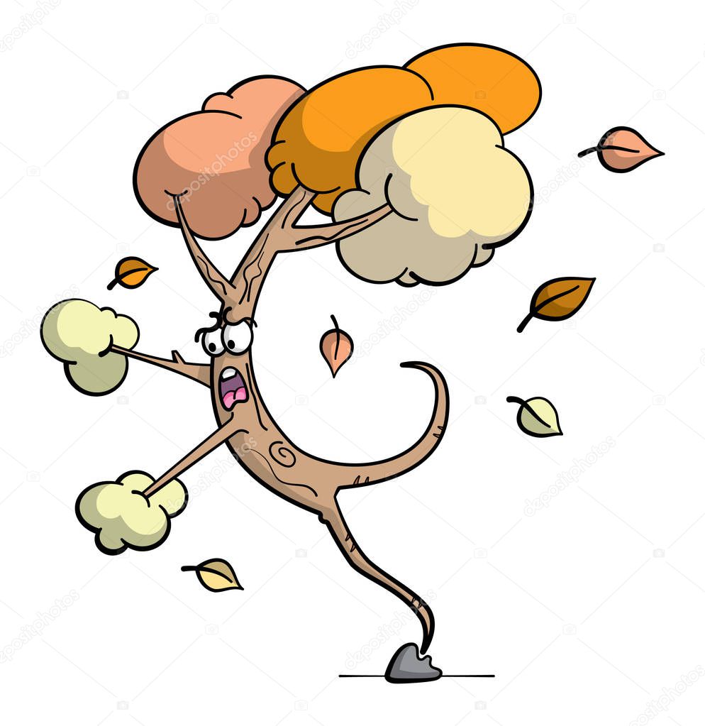Cartoon style illustration of a funny tree character tripping and falling over a stone. A tree falling. Wordplay with fall and autumn. Autumn colour leaves.