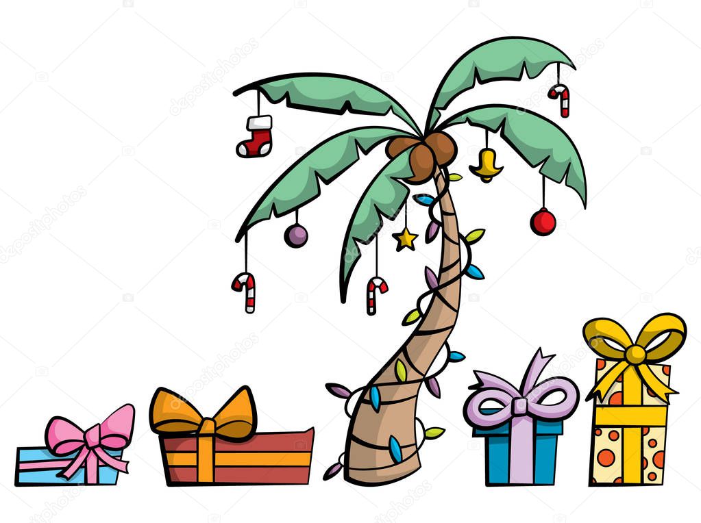 Cartoon style illustration of a palm tree with coconuts decorated like a Christmas tree with lights and candy cane. Presents and gifts wrapped and tied with ribbon underneath. 