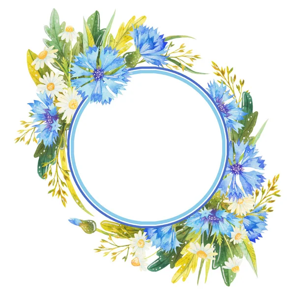 Flower frame in watercolor style. Beautiful watercolor frame with cornflowers, daisies and wild herbs. Flower composition for greeting cards, invitations and other printed materials.