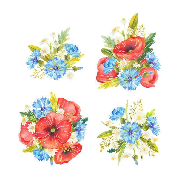 Vier Aquarel Bloemen Composities Van Klaprozen Korenbloemen Chamomiles Wilde Kruiden — Stockfoto