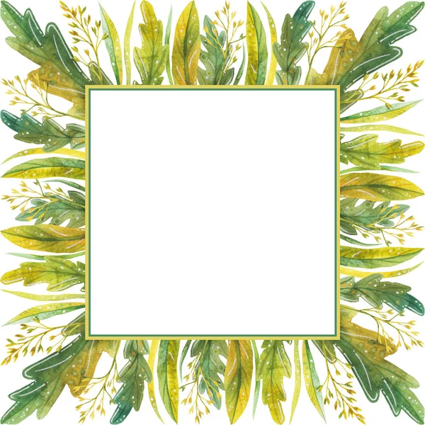 Frame of leaves in a watercolor style. Beautiful watercolor frame with leaves and wild herbs. Frame of leaves for greeting cards, invitations and other