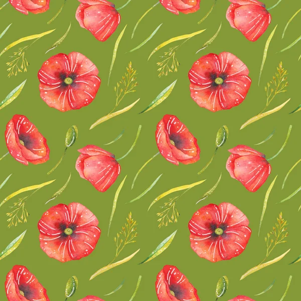 Bloemenpatroon Aquarel Stijl Mooie Naadloze Patroon Met Klaprozen Korenbloemen Camomiles — Stockfoto