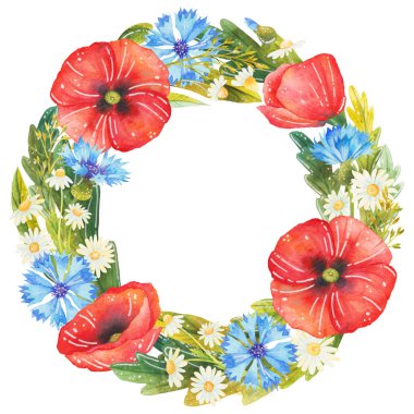 Çiçek çerçeve suluboya tarzında. Poppies, Peygamber, papatya ve yabani otlar ile güzel suluboya çerçeve. Çiçek kompozisyon için tebrik kartları, davetiyeler ve diğer basılı materyalleri.