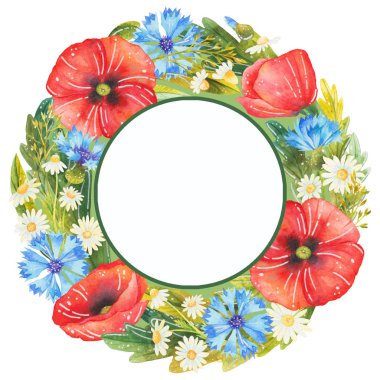 Çiçek çerçeve suluboya tarzında. Poppies, Peygamber, papatya ve yabani otlar ile güzel suluboya çerçeve. Çiçek kompozisyon için tebrik kartları, davetiyeler ve diğer basılı materyalleri.