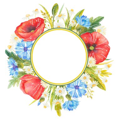 Çiçek çerçeve suluboya tarzında. Poppies, Peygamber, papatya ve yabani otlar ile güzel suluboya çerçeve. Çiçek kompozisyon için tebrik kartları, davetiyeler ve diğer basılı materyalleri.