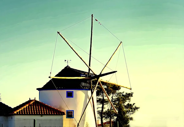 Molino Viento Con Árboles Suelo — Foto de Stock