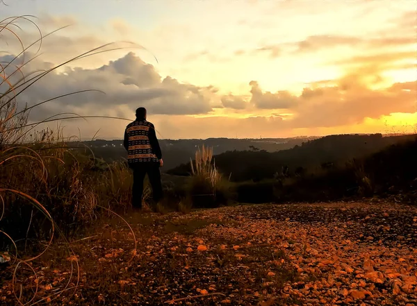 A man in the field contemplating the colors of the sunset