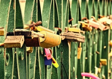 Farklı kilitler bir çit üzerinde yakalandı