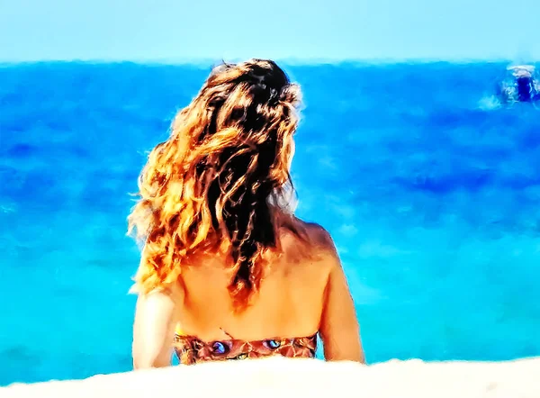 Ragazza Con Capelli Ricchi Visto Dalla Parte Posteriore Mare — Foto Stock