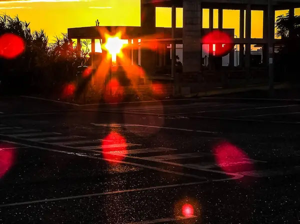 Solnedgång Med Solen Efter Konstruktion Som Gör Strålar Och Ljusblixtar — Stockfoto