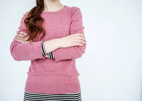 Slim Young Girl Standing Arms Crossed White Background — Stock Photo, Image