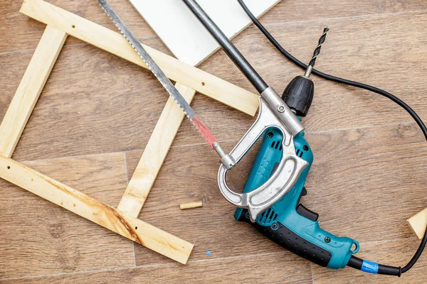 Power Drill Hacksaw Wood Products Lay Floor Ready Work — Stock Photo, Image