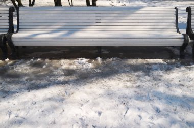 Tahta beyaz banklar bir şehir parkında duruyor ağaçların arasında, eriyen karlar ve buzlar, güneşli bir bahar öğleden sonra.