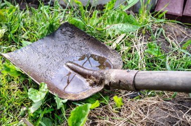 Yağmurdan sonra yeşil çimlerin üzerinde duran eski metal kürek. Yakın plan..