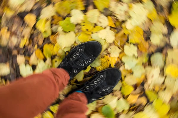 Человек Черной Замшевой Обуви Красных Брюках Стоит Желтой Осенью Опавшие — стоковое фото