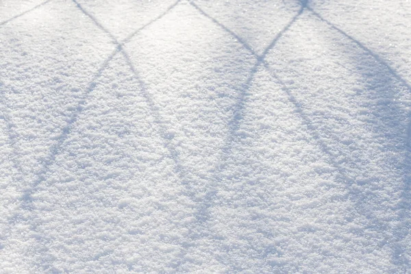Wzorowy Cień Puszystym Czystym Śniegu Siatki Ogrodzenia Chłodny Mroźny Wieczór — Zdjęcie stockowe