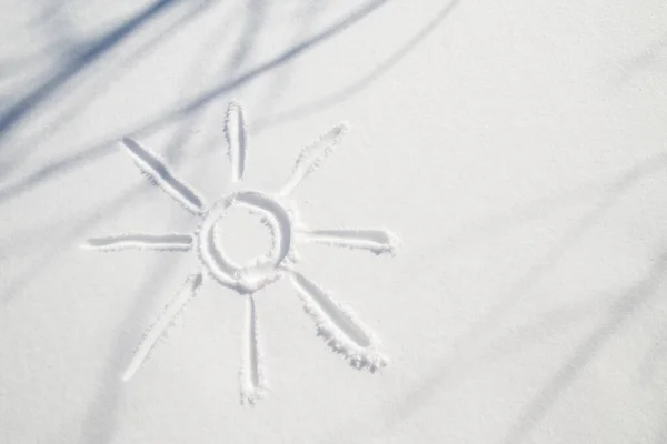 Beyaz Karda Boyalı Güneş Dalların Gölgesi Dondurucu Kış Günü — Stok fotoğraf