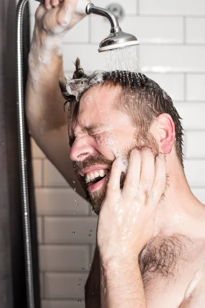 Handsome Bearded Man Washes Shampoo His Hair Bathroom Shower Head — Stock Photo, Image