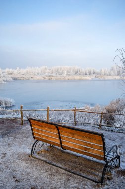 Güzel kış manzarası, çitin yanında duran ahşap bir bank, donmuş bir gölün kıyısında ve beyaz buzla kaplı ağaçlar.