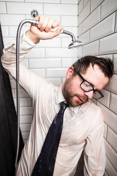 Tired Bearded Man Glasses Shirt Tie Closed His Eyes Leaned — Stock Photo, Image