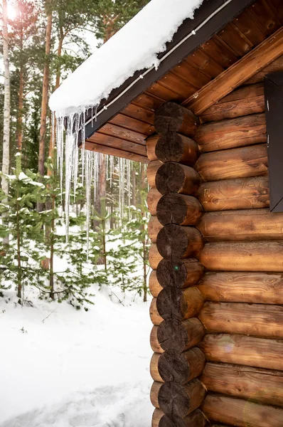 Сосульки Свисают Крыши Бревенчатого Дома Фоне Снежного Леса Морозного Зимнего — стоковое фото