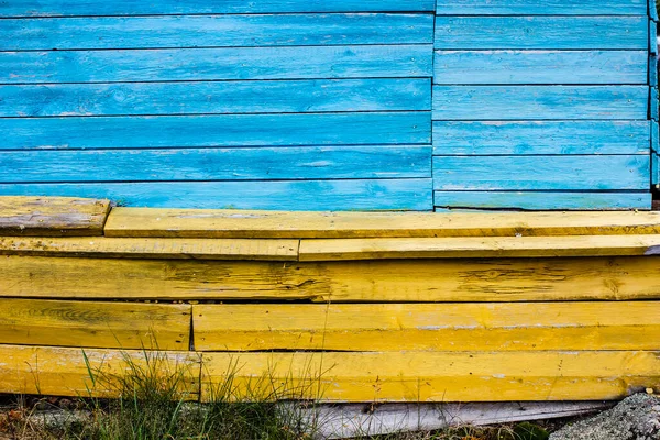 Tavole Multicolori Blu Giallo Come Bandiera Ucraina Compongono Muro Una — Foto Stock