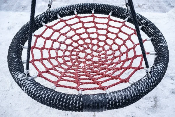 Children Left Playground Red Swings Empty Snowed — Stock Photo, Image