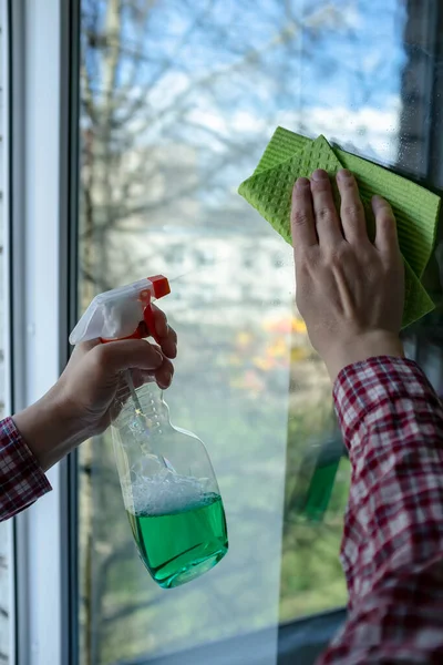 Hands Plaid Shirt Housework Wash Window Spray Sponge Background Spring — Stock Photo, Image