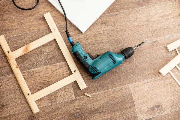 Power Drill Wood Products Constructions Lay Floor Ready Work — Stock Photo, Image