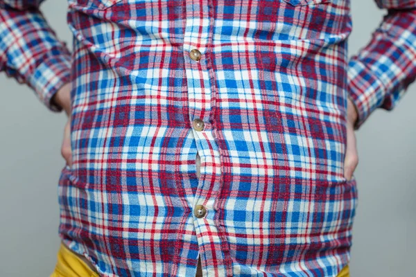 Fat Man Plaid Shirt Having Trouble Fastening His Small Clothes — Stock Photo, Image