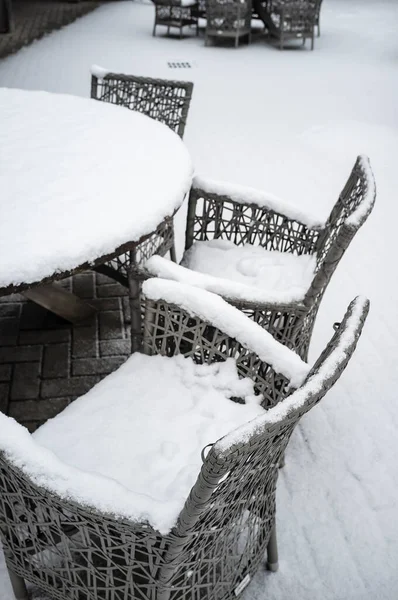 Rattan Garden Furniture Covered Fluffy Fresh Snow Winter Day — Stock Photo, Image