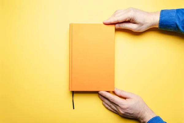 Men Hands Blue Velvet Shirt Gently Hold Literary Work Bookmark — Stock Photo, Image