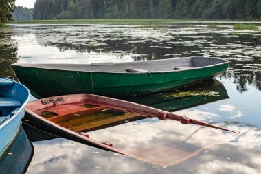 Nehrin kıyısına, biri ormanın arka planında, sıcak bir yaz gününde, üç farklı renkte tekne bağlanır ve biri batar. Kırsal alan.