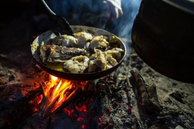 Bir adam bir tavada kızarıyor, ateşte balık yakalıyor, bir el fenerinin ışığında, bir yaz akşamı, ormanda. Yakın plan..