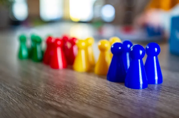 Multicolored Plastic Chips Children Board Game Stand Wooden Table Natural — Stock Photo, Image