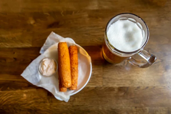 Mug Cold Lager Beer Blurred Background Snack Fried Crispy Cheese — Stock Photo, Image