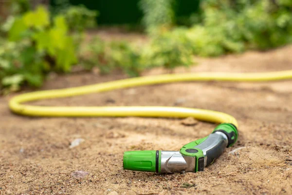 A rubber hose with a device for spraying and watering vegetation with water lies on the sandy path, against the background of a green lawn. Close-up.