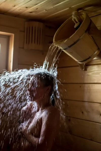 Young Woman Russian Bath Sauna Poured Cold Water Wooden Bucket — Stock Photo, Image