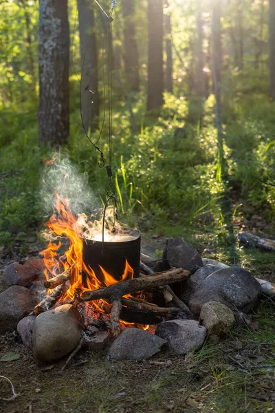 夏天的一天 在一片美丽的森林的背景下 波特拿着准备好的晚餐 在篝火上挂着一道明亮的火焰 — 图库照片