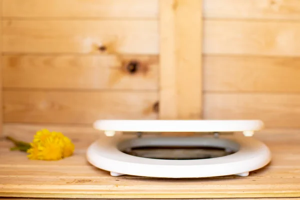 Modern Toilet Seat Slowly Closing Lid Rustic Wooden Restroom Background — Stock Photo, Image