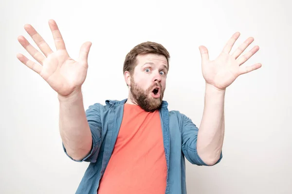 Shocked Surprised Bearded Man Palm Makes Stop Sign Gesture Protection — Stock Photo, Image