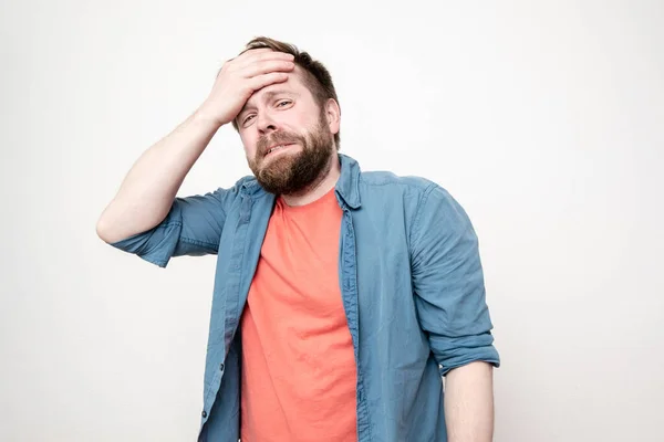 Caucasian Bearded Man Upset Holds His Hand His Forehead Cry — Stock Photo, Image